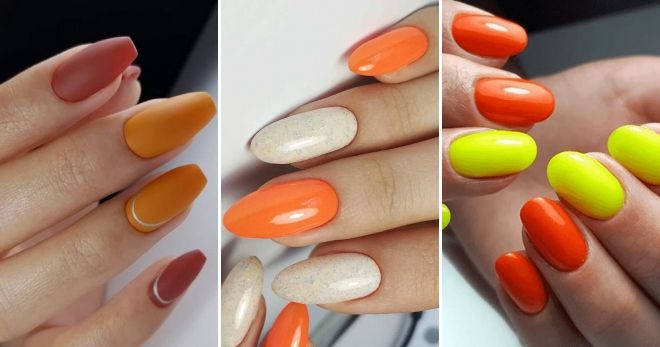 Оранжевый маникюр 2019 на длинные ногти комбинированный