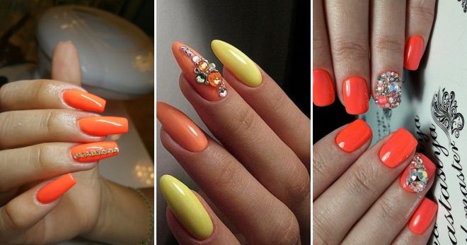 Orange manicure 2019 with rhinestones