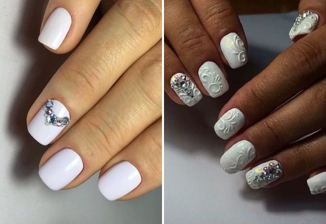 white manicure for short nails with rhinestones