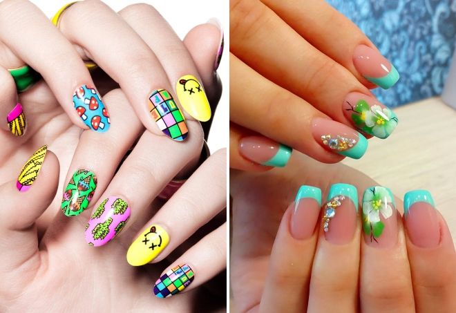 bright summer manicure with drawings