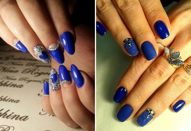 blue manicure 2018 with rhinestones