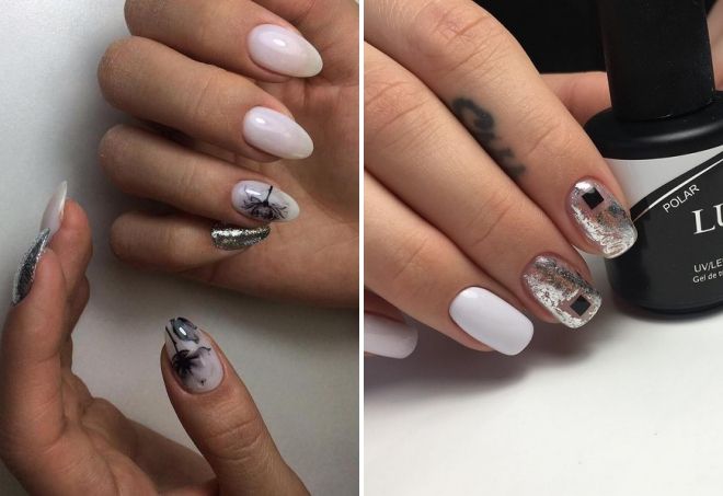 Milk manicure with silver