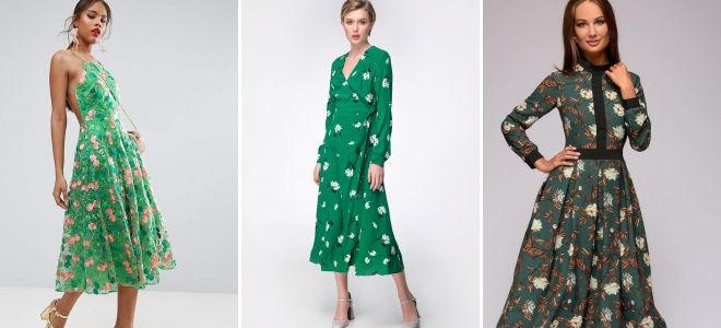 Платье миди с цветочным принтом зеленое