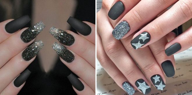 black matte manicure with silver