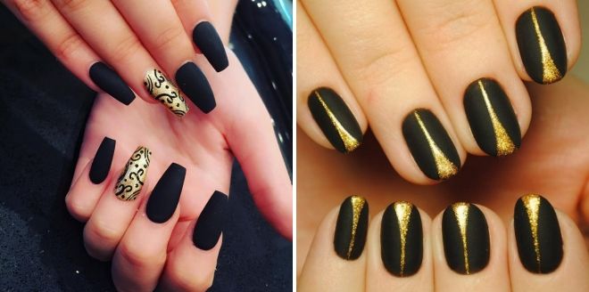 black matte manicure with gold