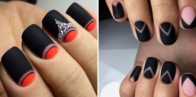 black matte manicure with geometry