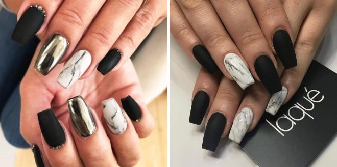 black matte manicure with marble