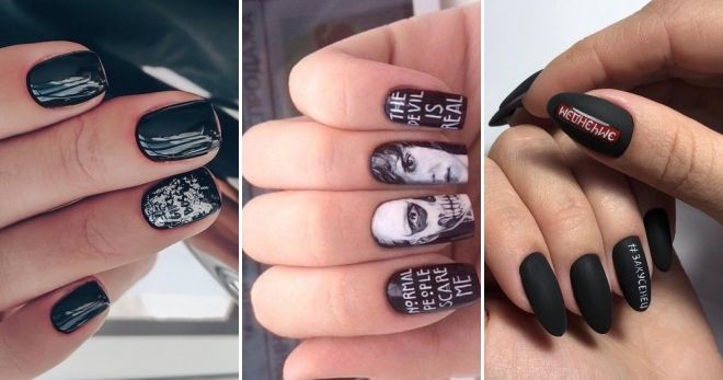 Black nails with inscription ideas