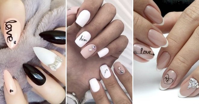 Manicure with inscriptions on nails 2019 decor