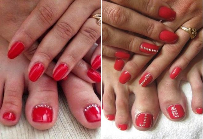 red manicure and pedicure with decor