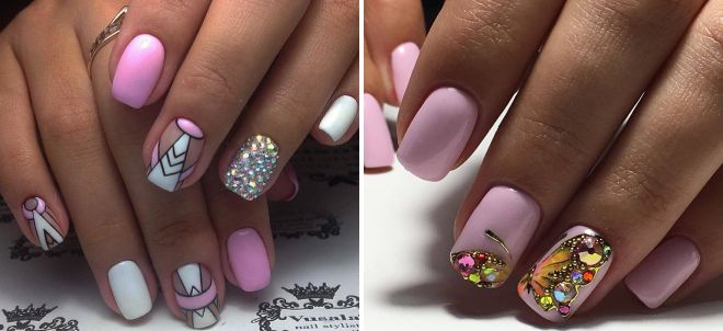 pink manicure 2018 with rhinestones