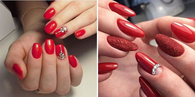 red manicure 2018 with rhinestones