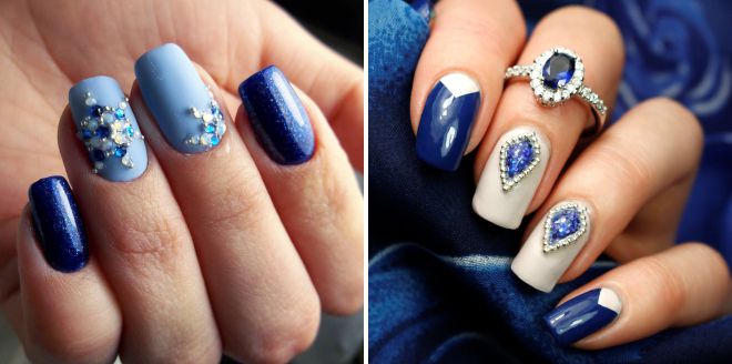 blue manicure 2018 with rhinestones
