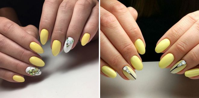 yellow manicure with rhinestones 2018