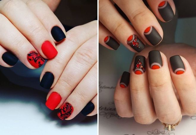 matte manicure red with black