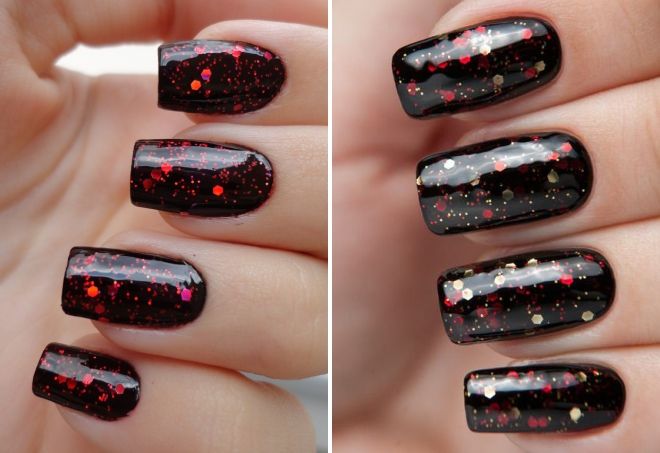 black manicure with red glitter