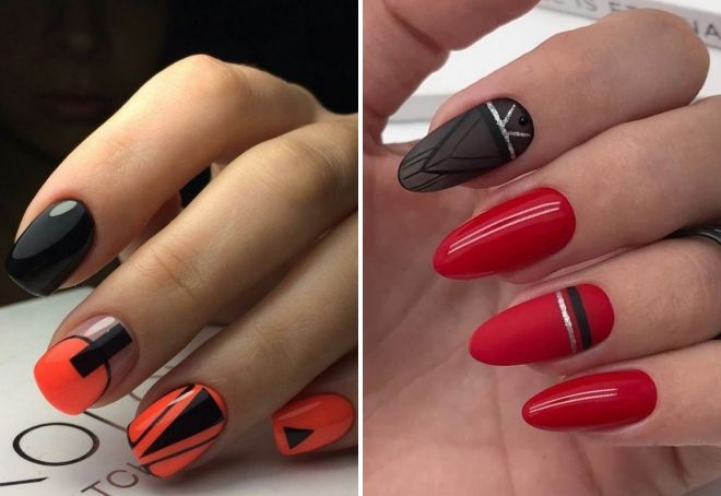 manicure red with black geometry