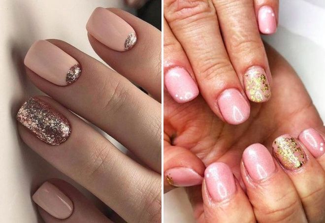 pink manicure with gold glitter