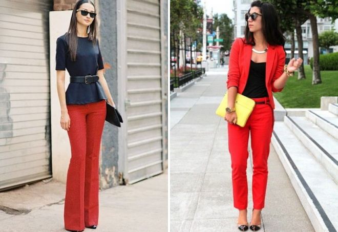 Что одеть к красным брюкам женщине