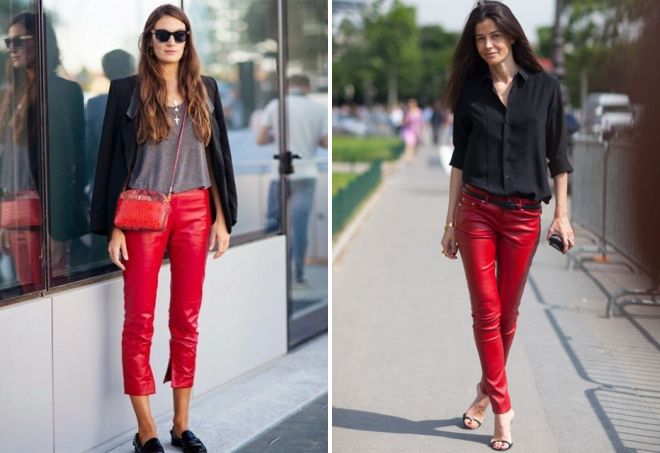 Красные кожаные брюки с чем носить