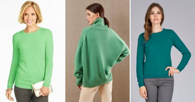 Зеленый кашемировый свитер стиль