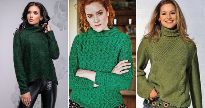 Зеленый свитер с горлом мода