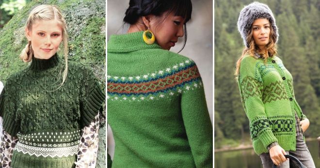 Зеленый свитер с жаккардовым рисунком мода