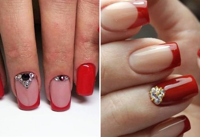red manicure with rhinestones