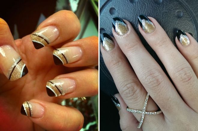 black nail design with gold and silver