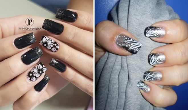 manicure silver with black flowers