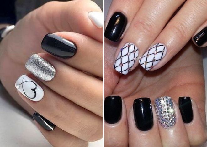 black and white manicure with silver