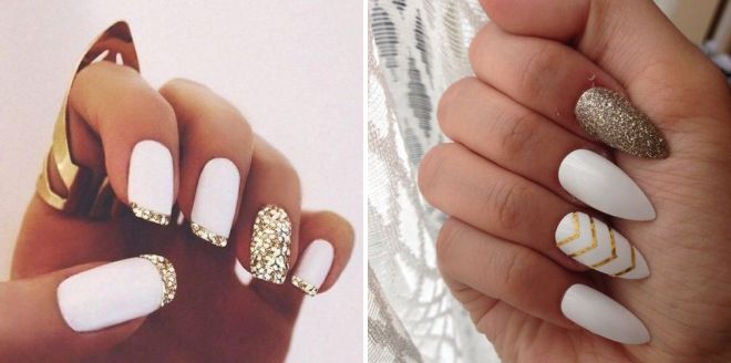 белый дизайн ногтей с золотом