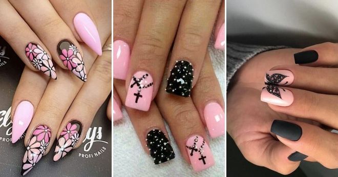 Дизайн ногтей розовый с черным рисунок