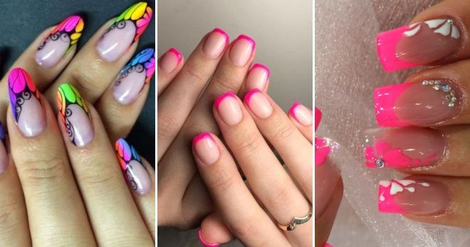 Неоновый розовый дизайн ногтей френч