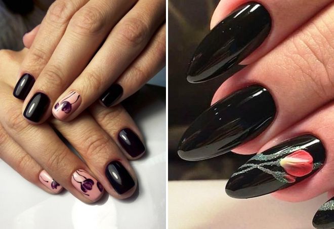 black manicure with tulips