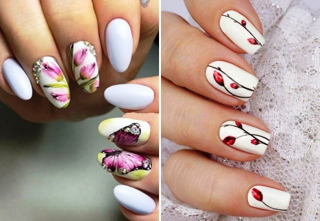 white manicure with tulips