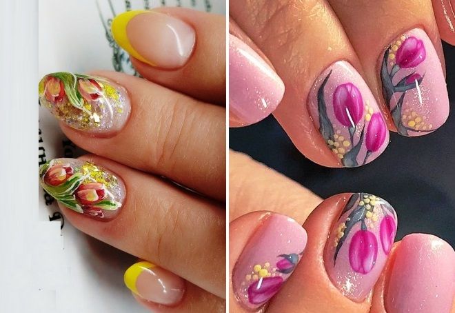 manicure with tulips and mimosa