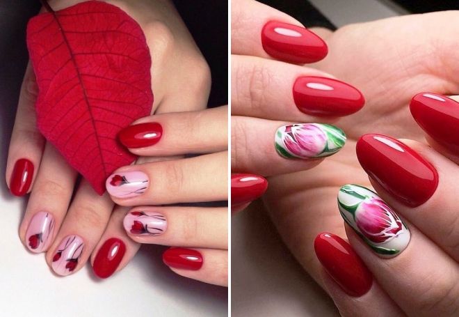 red manicure with tulips