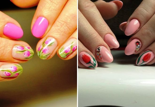 pink manicure with tulips