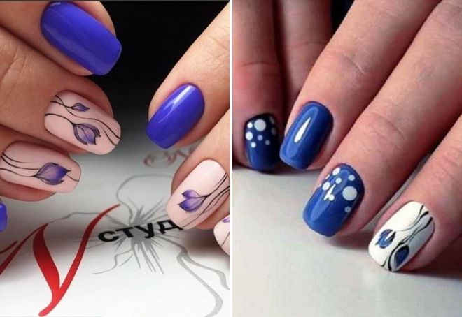 blue manicure with tulips