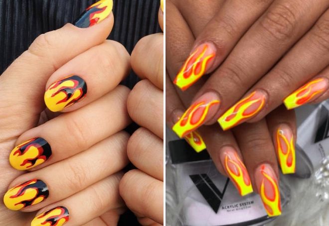 yellow manicure with fire