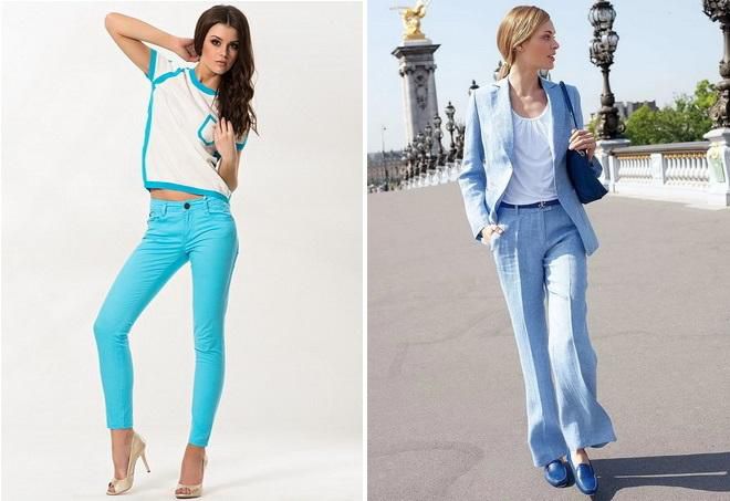 Голубые летние брюки с чем носить фото женские