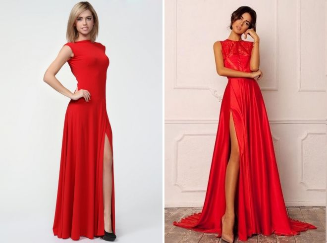 красное платье в пол с разрезом