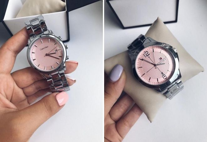 серебряные часы с розовым циферблатом