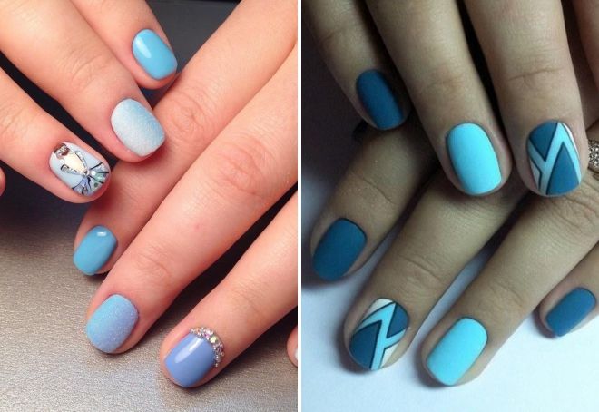 голубой дизайн ногтей на короткие ногти