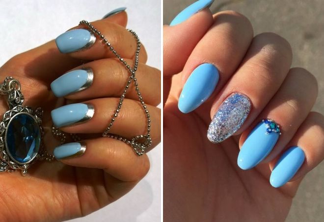 голубой дизайн ногтей с серебром