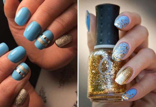 голубой дизайн ногтей с золотом