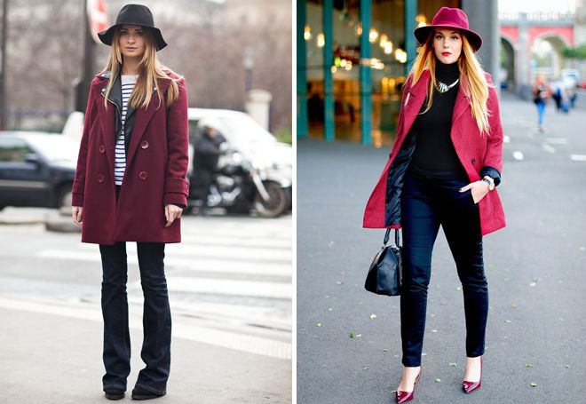 бордовое пальто с шляпой