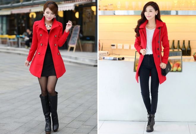 красное приталенное пальто