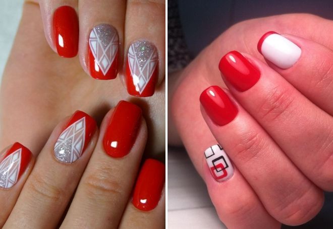 manicure red with white geometry